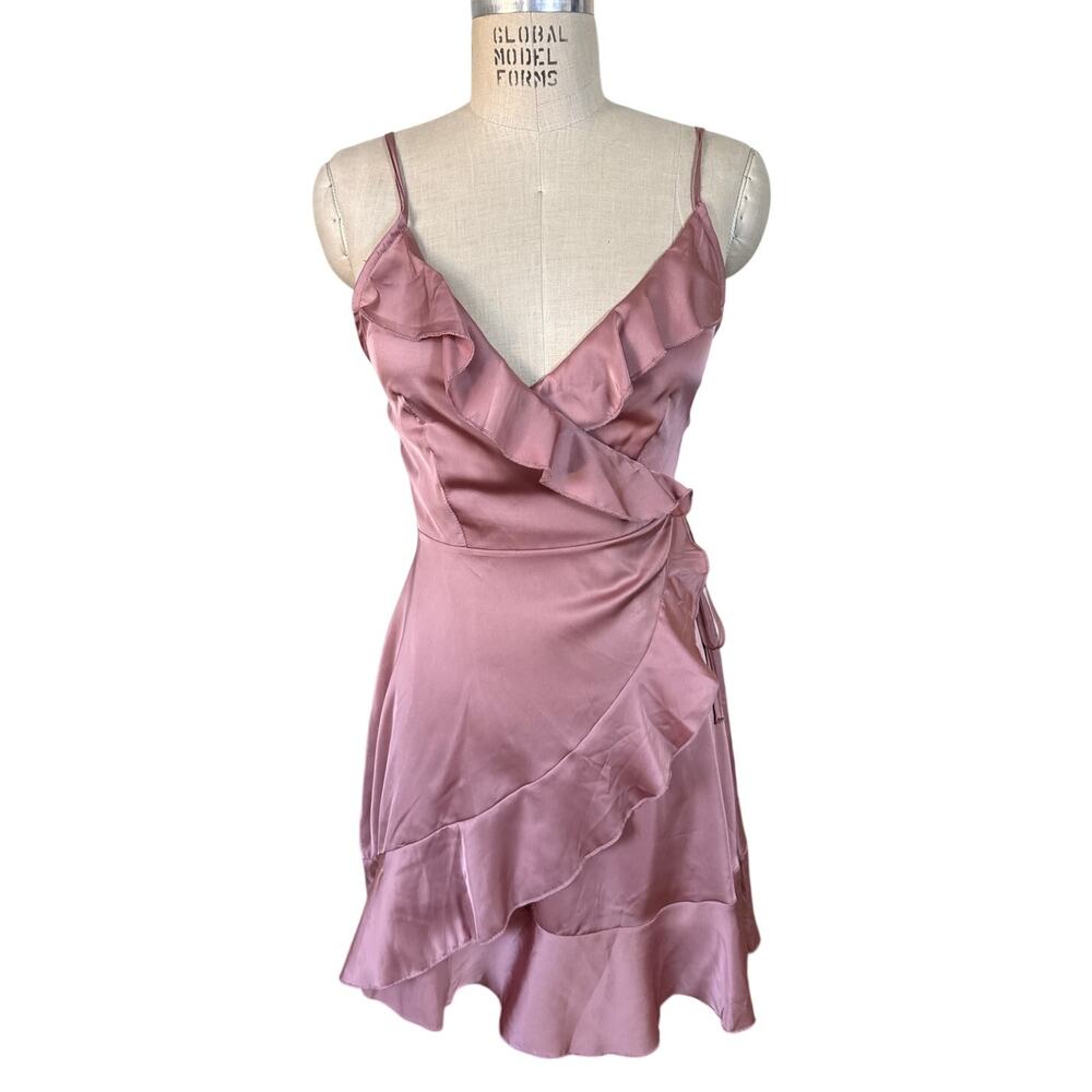 Club L London Rose Pink Satin Ruffle Wrap Mini Dress Size 4 NEW NWT